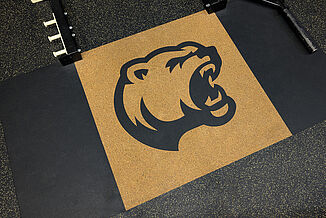 Up close look at the Hershey Bears logo inlaid into the platforms of their weight room facility. The outer edges of the platform feature REGUPOL crash.