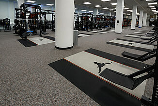 View of the lifting platforms and equipment offered at the University of Texas at Austin facility for athletes. REGUPOL aktivpro roll and crash flooring is found beneath the equipment, providing seamless flooring.