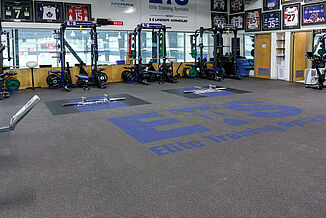 A close look at the customizability of the REGUPOL aktivpro roll and crash flooring for Elite Training Systems at the Iroquois Park Sports Centre. The flooring allows for seamless, inlaid logos throughout the flooring.