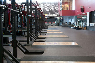 REGUPOL aktivpro roll and crash are used throughout the Iowa State athletic facility. Rows of inlaid platforms allow ahtletes to perform a number of exercises in one space.