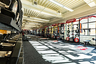 View of the dumbbell rack and weight racks offered to student-athletes in the Stanford University athletic weight training facility. REGUPOL aktivpro roll flooring is featured throughout the facility.