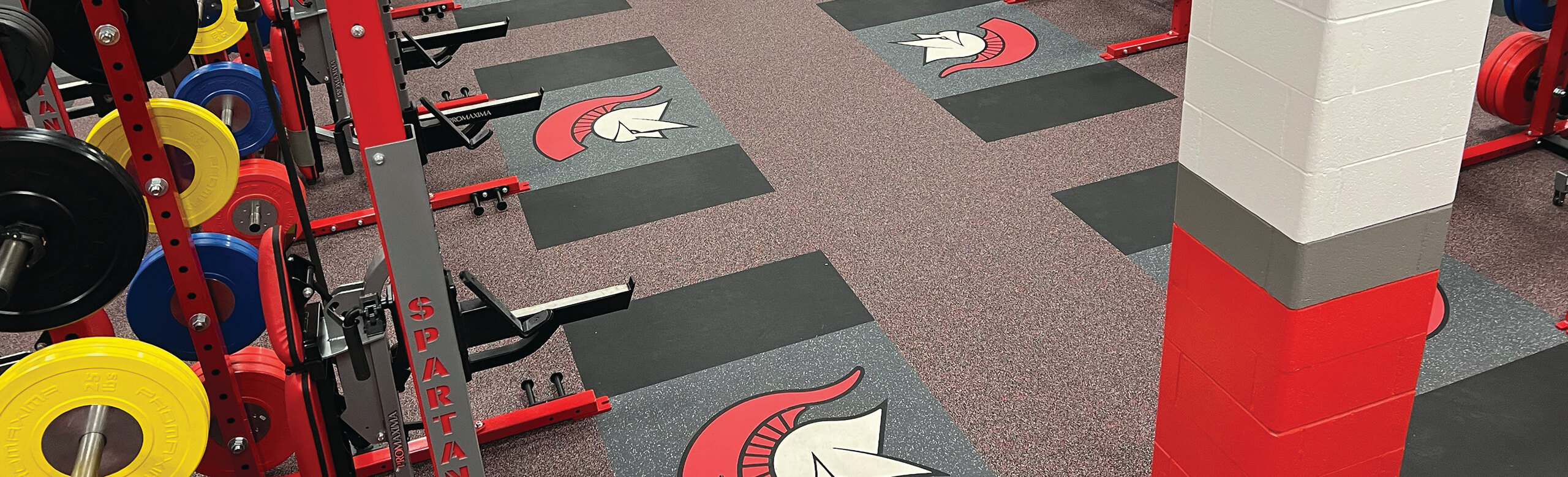 View of an athletic performance center utilizing REGUPOL aktivplus premier flooring in their facility. The flooring demonstrates the customizability of REGUPOL products. 