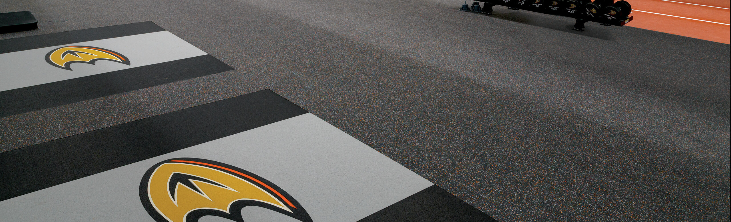 The Anaheim Ducks training facility features REGUPOL aktivpro roll, aktiv and crash flooring that promotes maximum durability. The Ducks logo is seamlessly inlaid into the flooring.