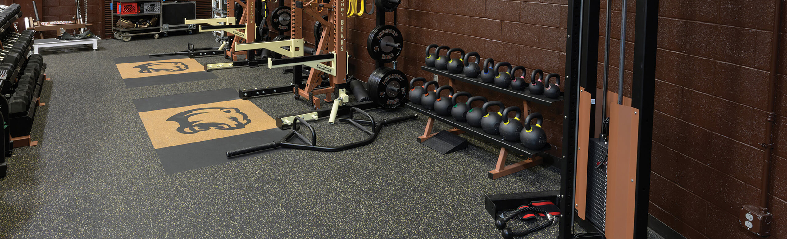 GIANT Center home of the Hershey Bears and their weight room features a dark base floor with tan weightlifting platforms.
